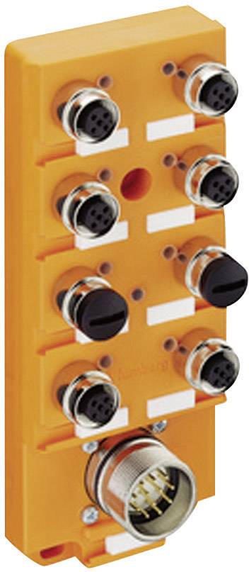 Orangefarbene industrielle Steckverbindungseinheit mit mehreren kreisförmigen Anschlüssen für elektrische Verbindungen.