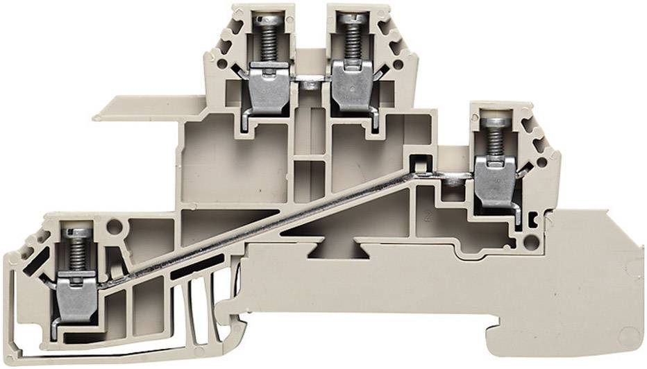 Querschnittsansicht eines Reihenklemmenblocks mit Metallverbindungen und Schraubklemmen, zeigt interne Struktur und Anschlusspunkte.