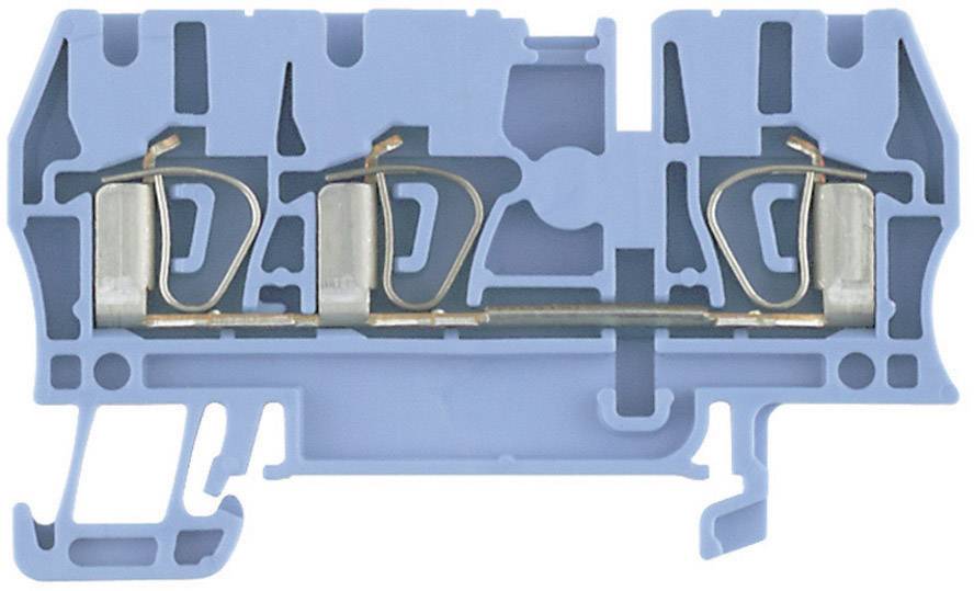 Blauer Reihenklemmenblock mit Kupferschienenverbindungen und Metallklammern, geeignet für industrielle elektrische Anwendungen.