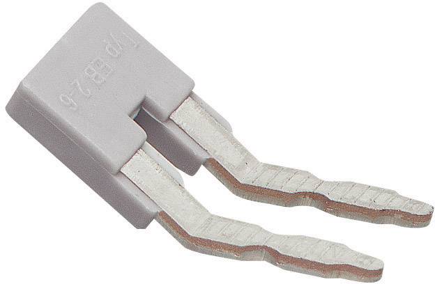 Ein grauer elektronischer Komponentenstecker mit zwei metallischen Anschlüssen, die gebogen und strukturiert sind.