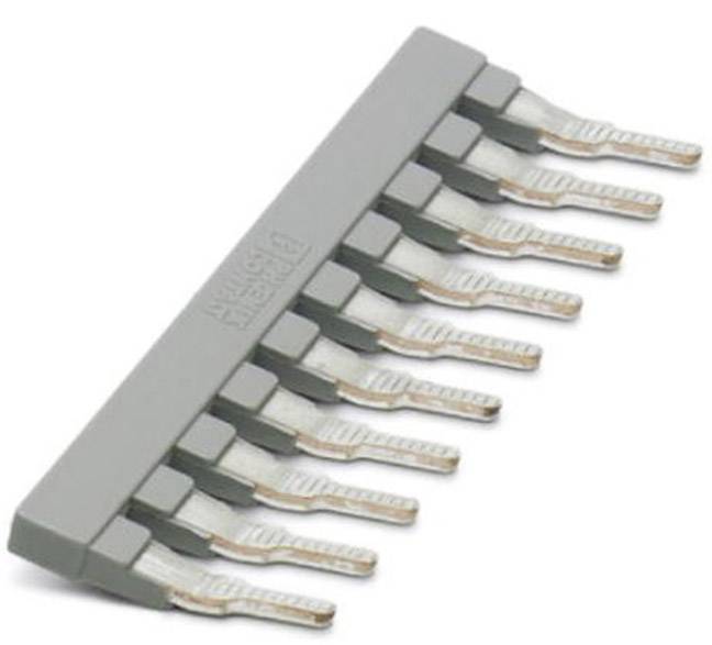 Ein grauer Brückenkamm für Reihenklemmen mit zehn Metallzinken, die zur elektrischen Verbindung genutzt werden.