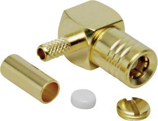 Ein goldener, abgewinkelter Koaxialstecker mit abnehmbaren Teilen, einschließlich einer Hülse, einem Draht, und einer kleinen weißen Scheibe.