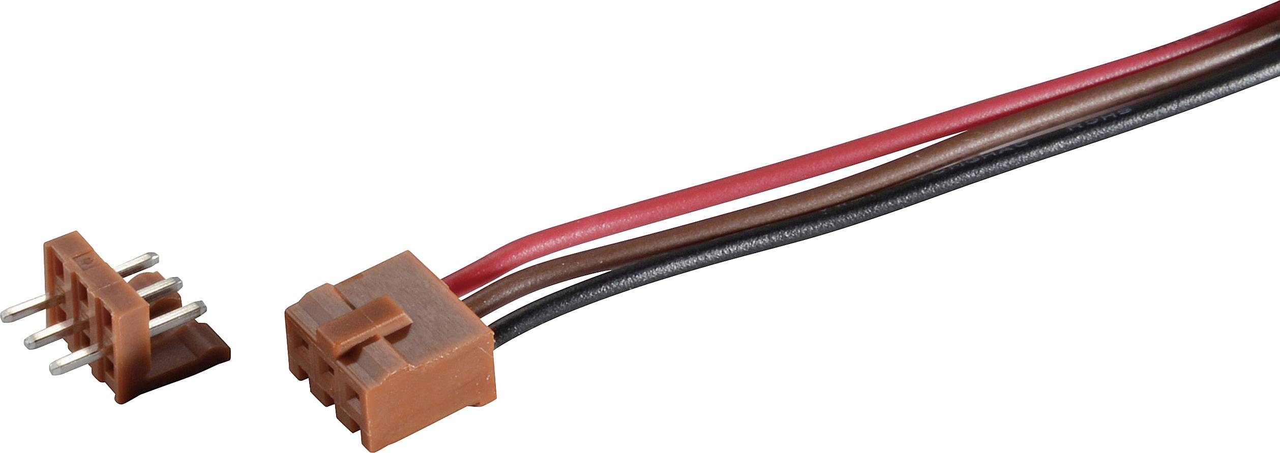 Ein brauner Stecker mit drei farbigen Drähten (rot, braun, schwarz) und ein passendes Gegenstück auf einem weißen Hintergrund.