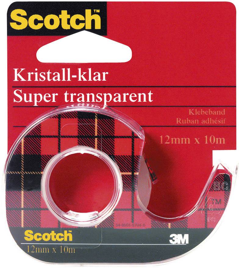 Ein roter Scotch Klebebandspender mit durchsichtiger Klebebandrolle. Text auf Verpackung: 'Kristall-klar, 12mm x 10m'.