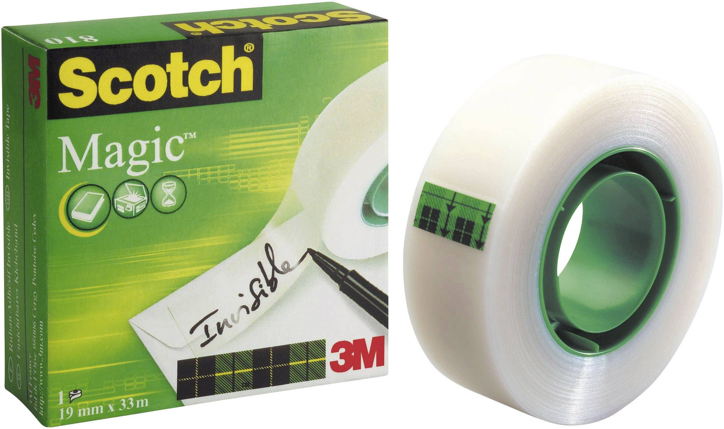 Verpackung und Rolle von Scotch Magic Klebeband, 19 mm x 33 m. Die Verpackung zeigt den Schriftzug 'Invisible' und das 3M-Logo.