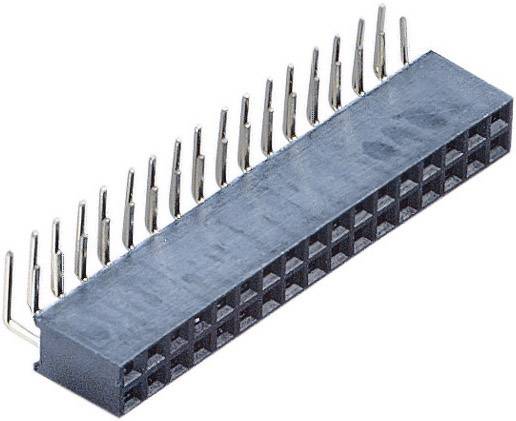 Ein schwarzer Steckverbinder mit zwei Reihen von Metallstiften.
