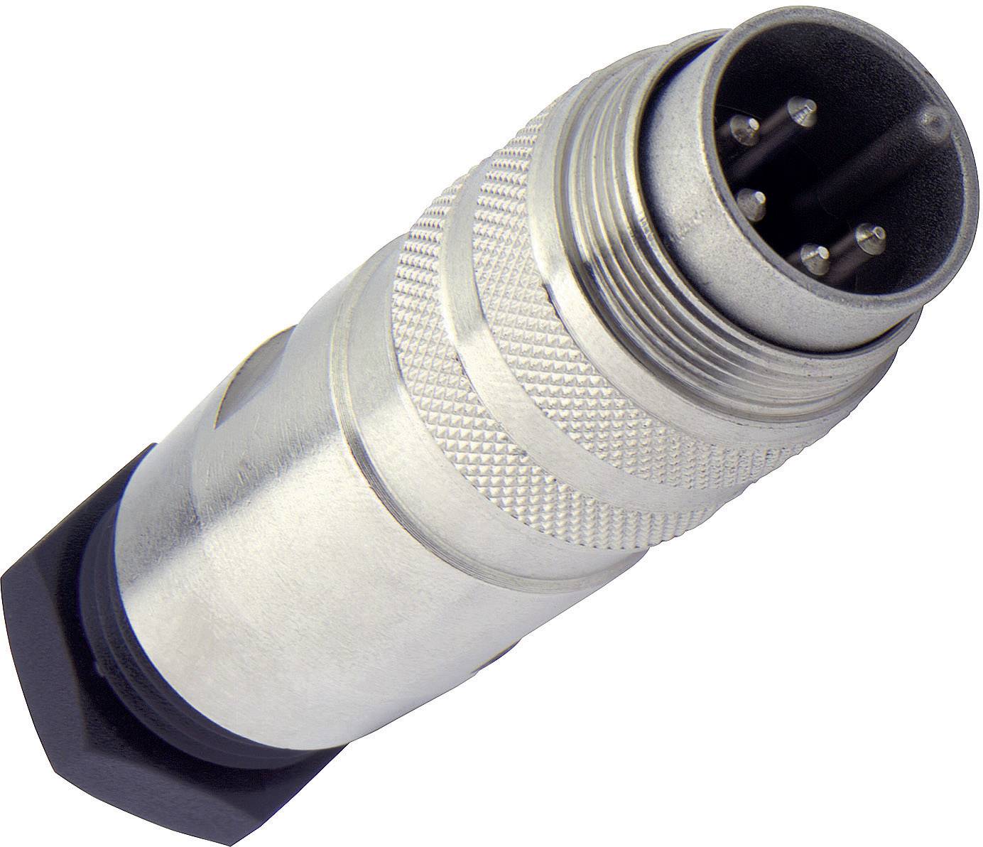 Ein silberner, zylindrischer Stecker mit mehreren Pins, oft in der Audiotechnik verwendet.