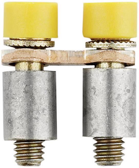 Zwei Metallbolzen mit gelben Kunststoffkappen oben, verbunden durch eine Kupferplatte. Sie scheinen Teil eines elektrischen Steckverbinders zu sein.