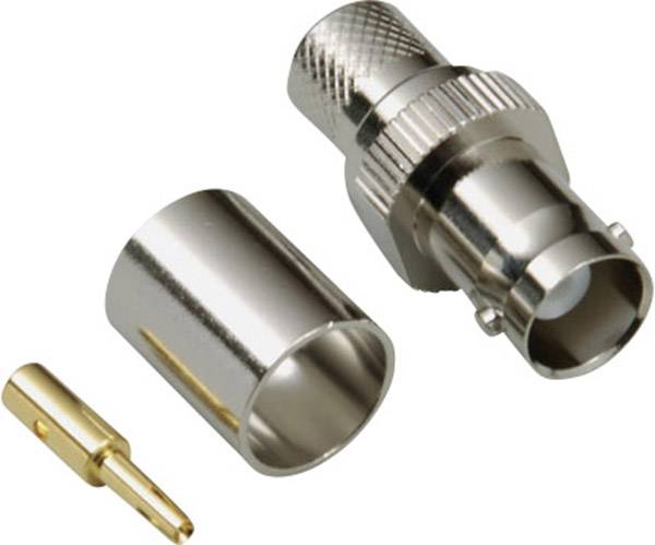 Auseinandergebauter BNC-Stecker mit Hülse und Kontaktstücken auf weißem Hintergrund