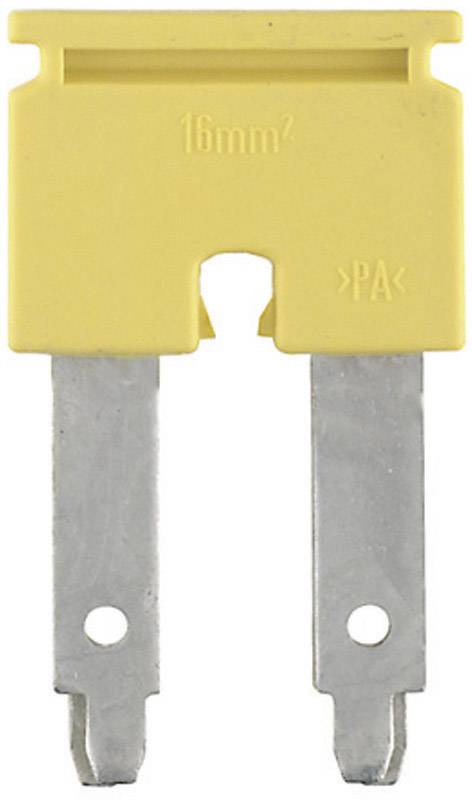Gelbe Flachsicherung mit Aufschrift '16mm²'. Sie hat zwei Metallkontakte und wird in elektrischen Systemen verwendet.