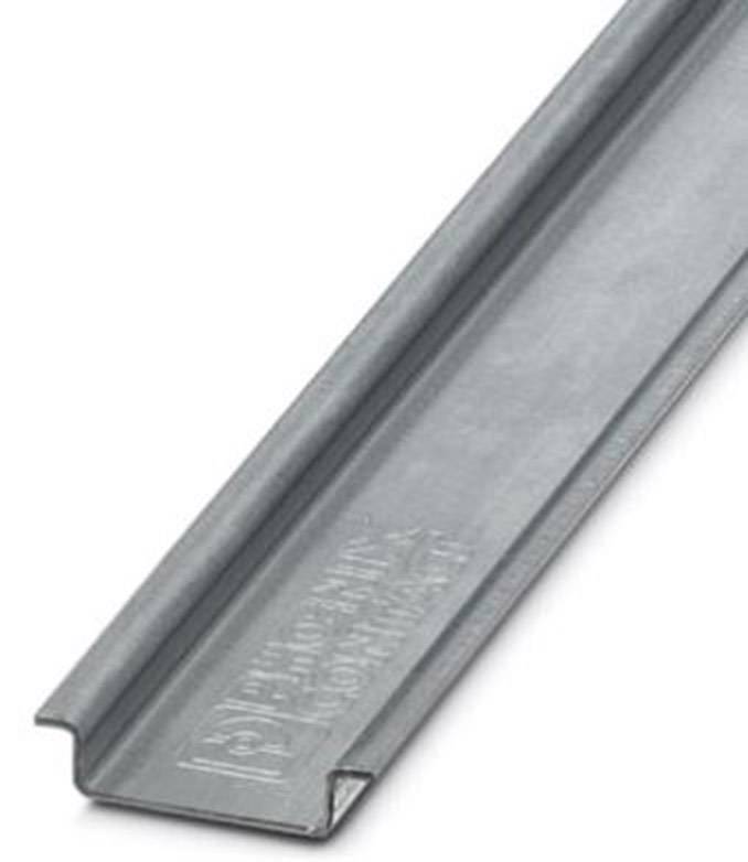 Metallschiene mit geprägtem Text 'PHOENIX CONTACT' auf der Oberfläche, schräg fotografiert, zeigt Marke und Materialtyp.