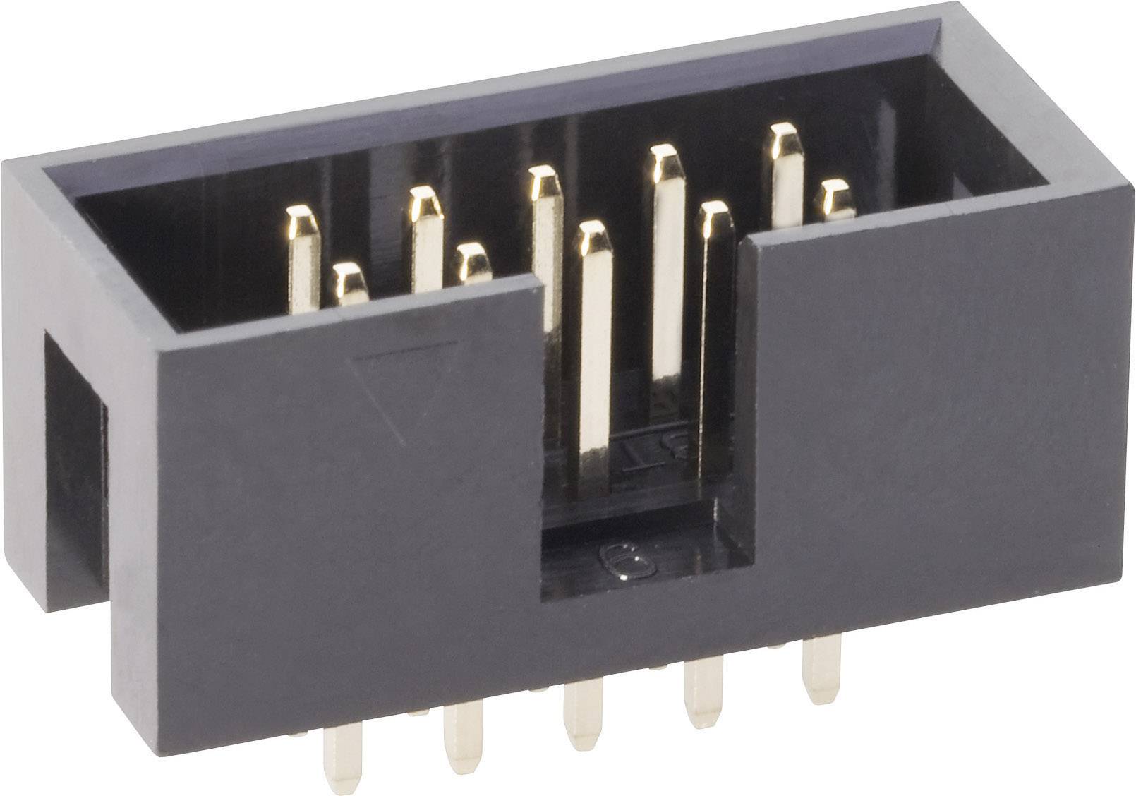 Ein schwarzer, rechteckiger Steckverbinder mit goldenen Pins, typischerweise verwendet für elektronische Verbindungen auf Leiterplatten.