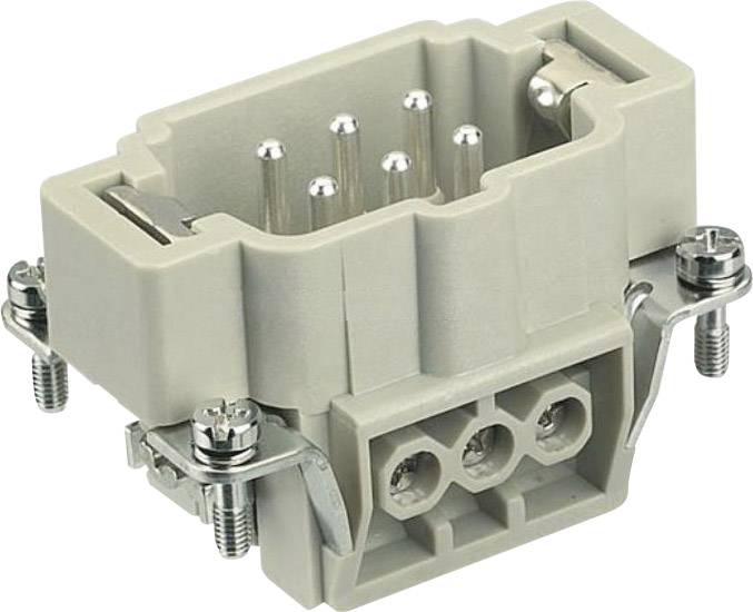 Ein rechteckiger elektrischer Stecker aus grauem Kunststoff mit mehreren Metallstiften und zwei seitlichen Schraubbefestigungen.