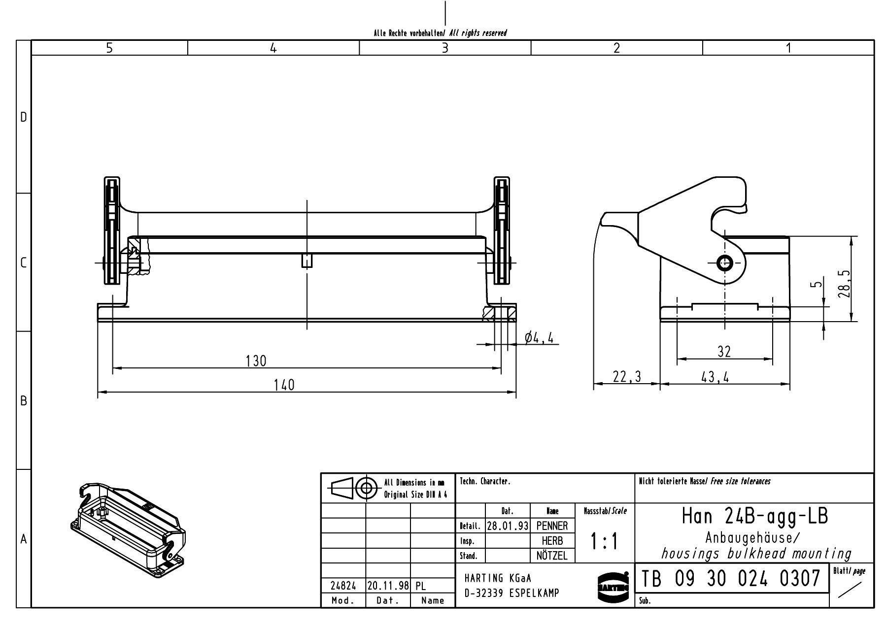 HARTING Han 24B Anbaugehäuse mit 1 Längsbügel 1 Easy Lock Verriegelungsbügel - 1 Stück