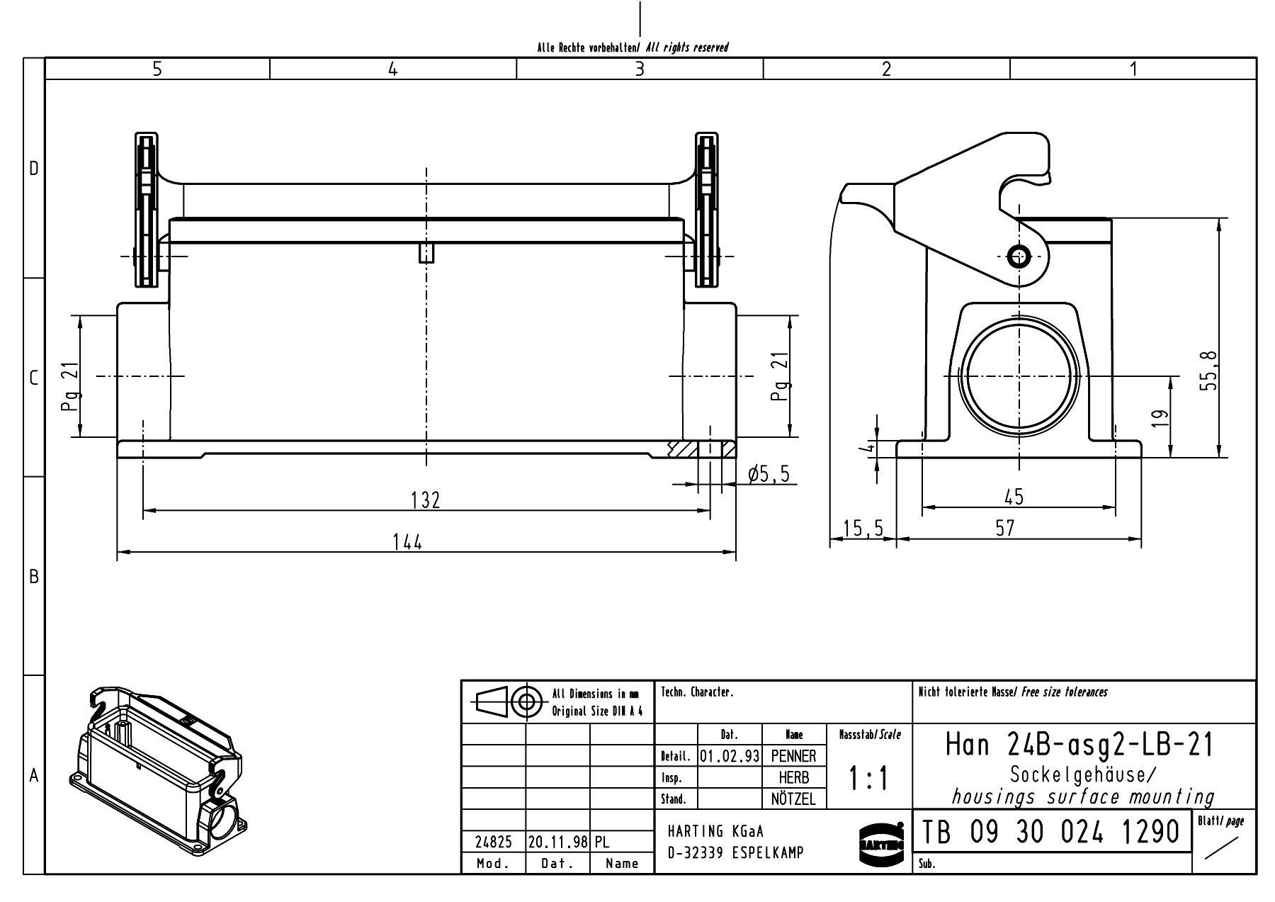 HARTING Han 24B Sockelgehäuse niedrig, 2xPG21 seitlicher Kabelabgang, mit 1 Längsbügel Verschraubung PG21 Klemmbereich