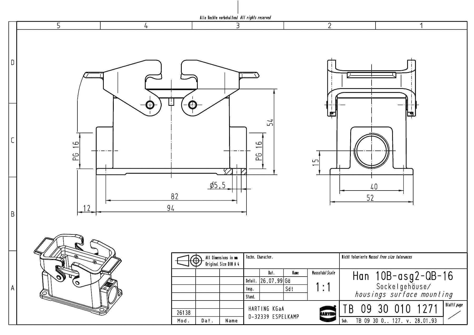 HARTING Han 10B Sockelgehäuse niedrig, 2xPG16 seitlicher Kabelabgang, mit 2 Querbügeln Verschraubung PG16 Klemmbereich