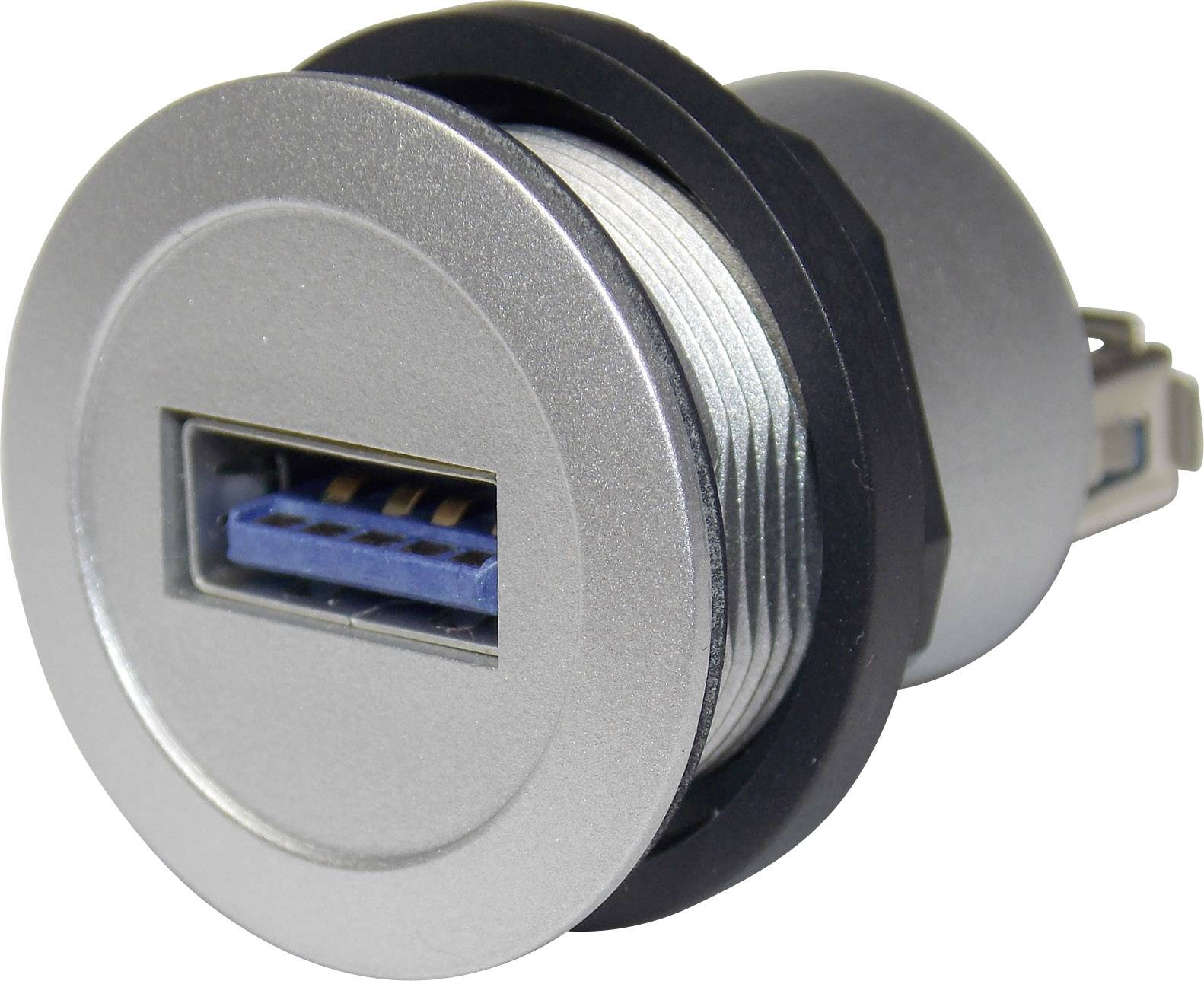 Ein runder USB 3.0 Einbausteckplatz mit grauem Metallgehäuse und blauem Innenleben, geeignet für Geräteanschlüsse.