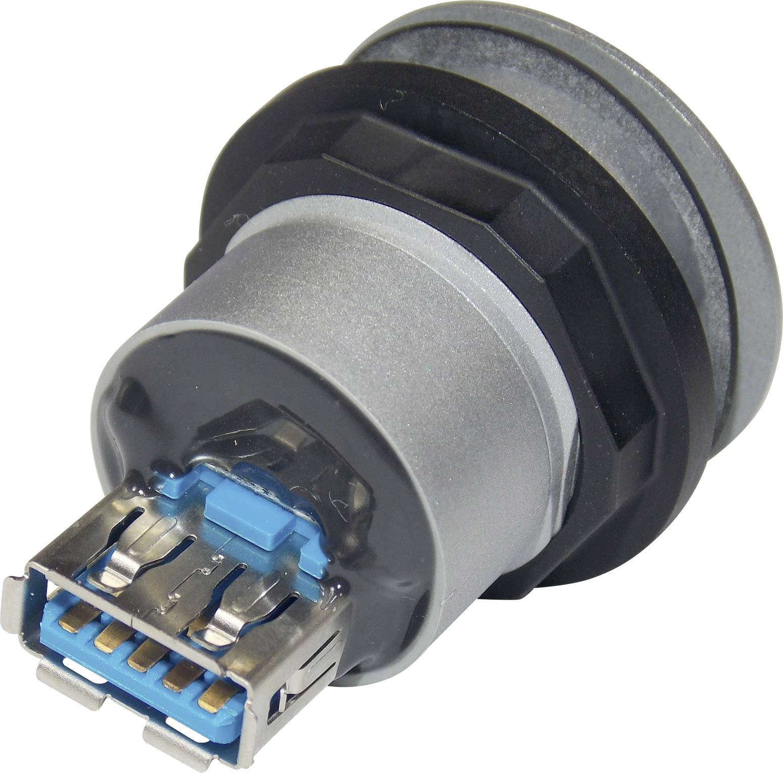 USB-Stecker mit blauer Kunststoffabdeckung und Metallverbindungen, seitlich aufgenommen.