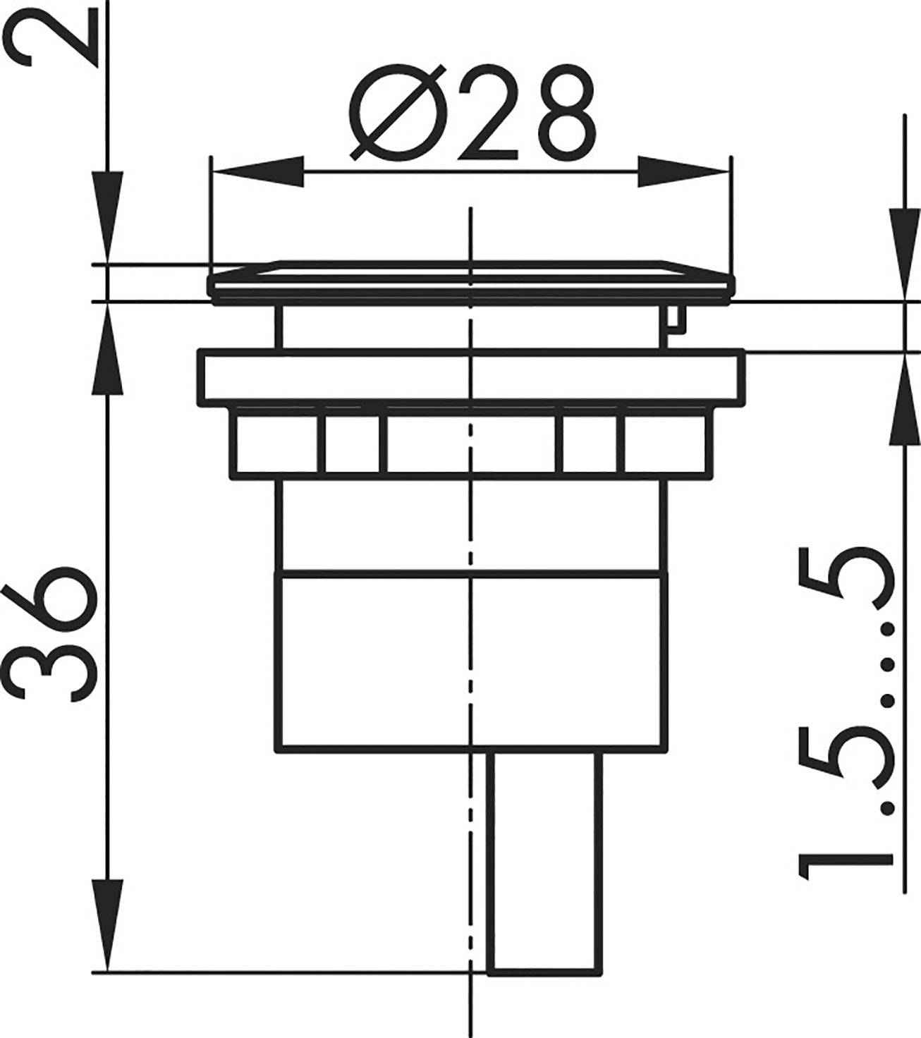 Technische Zeichnung eines zylindrischen Bauteils mit Maßen: Durchmesser 28 mm, Höhe 36 mm und 15,5 mm, mit seitlichen Linien.