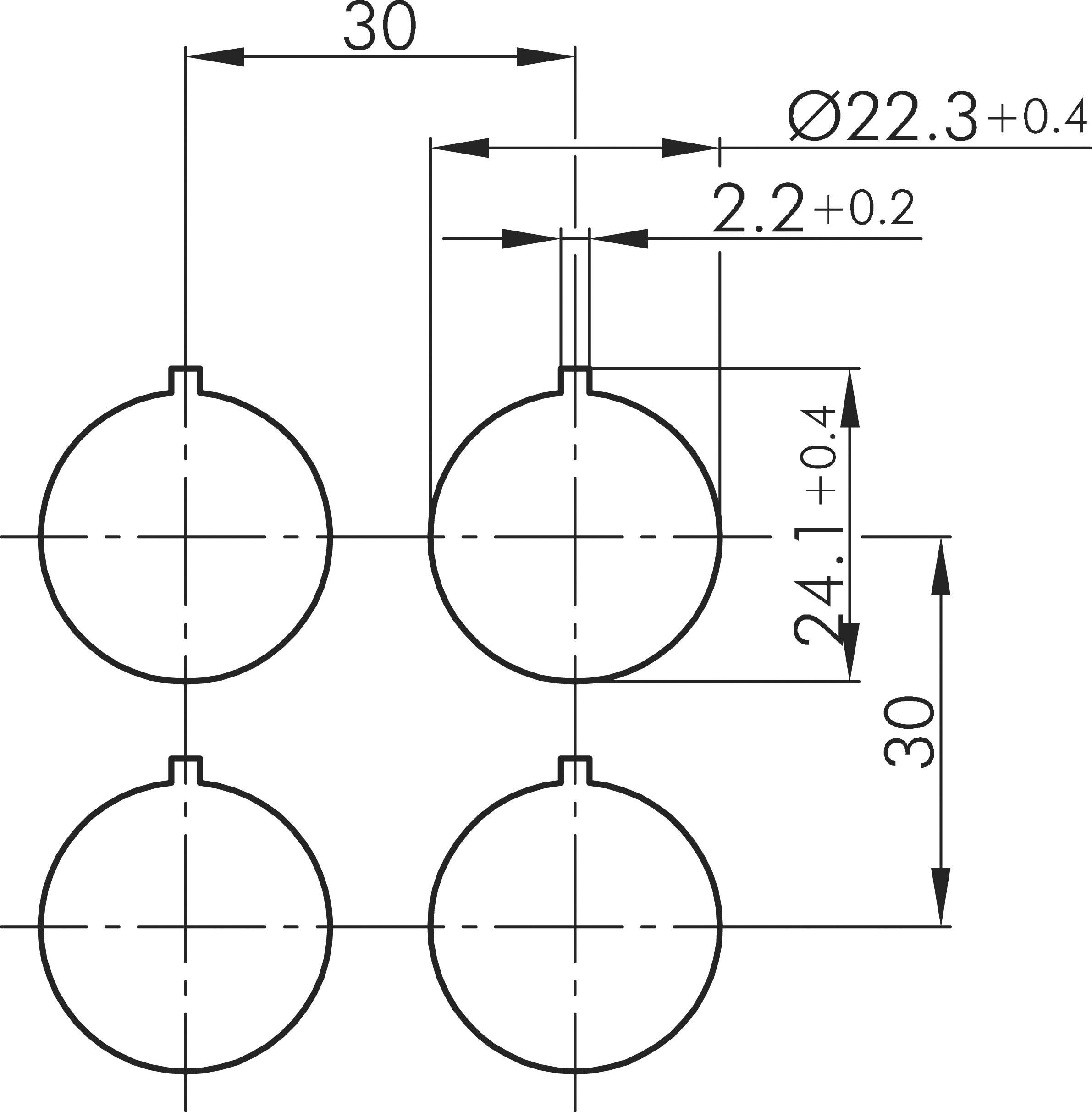 Technische Zeichnung mit vier Kreisen: Durchmesser 22,3 mm ±0,4; Abstand zwischen Kreisen 30 mm; vertikale Dimension 24,1 mm ±0,4.
