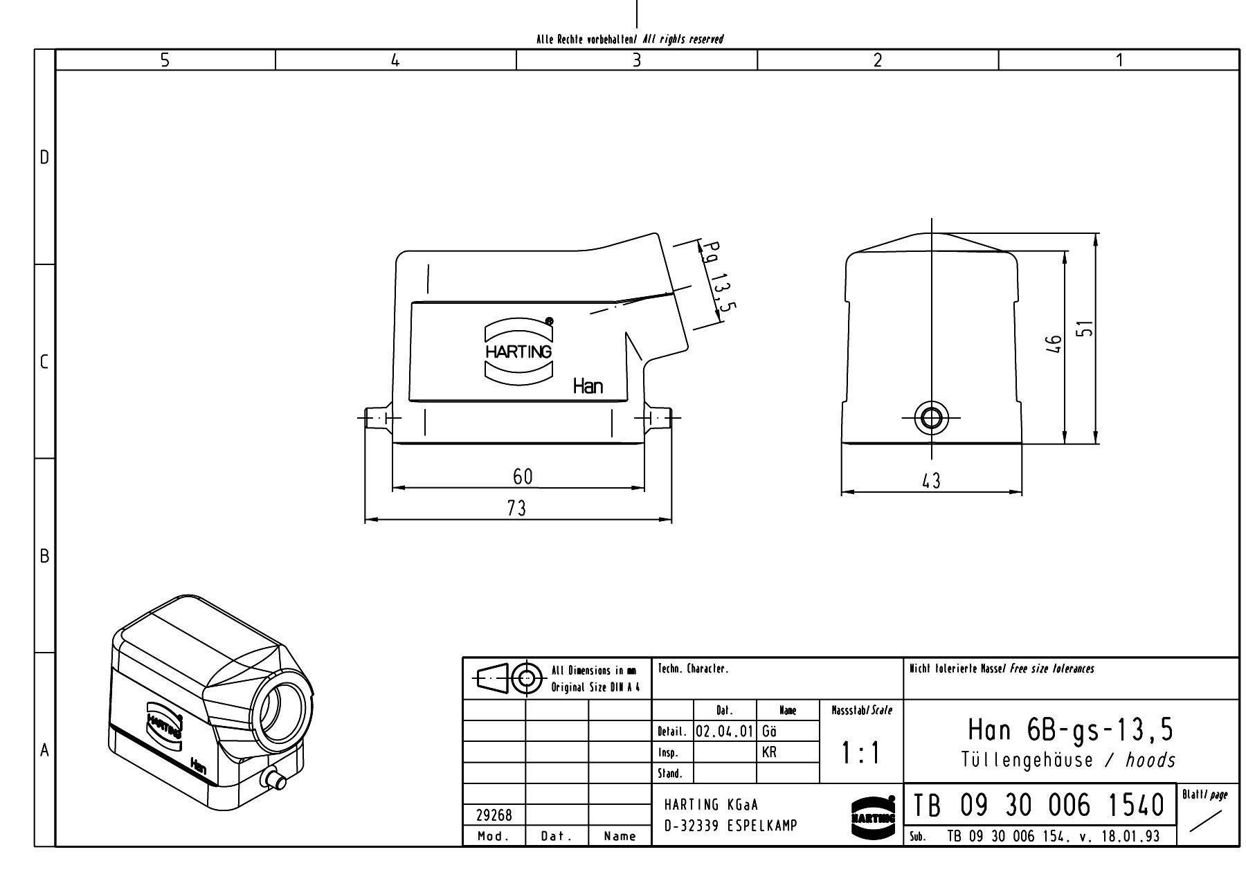 HARTING Han 6B Tüllengehäuse niedrig, 1xPG13,5 seitlicher Kabelabgang, für 1 Bügel (am Unterteil) Verschraubung PG13,5