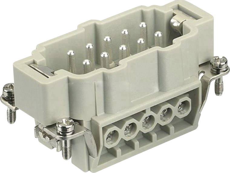 Industrie-Stecker aus grauem Kunststoff mit mehreren Metallpins und Schraubverbindungen, geeignet für elektrische Anwendungen.