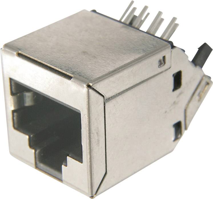 Eine RJ45-Buchse aus Metall, geeignet für Netzwerkkabelanschlüsse. Sie hat acht Kontaktpunkte für Ethernet-Verbindungen.