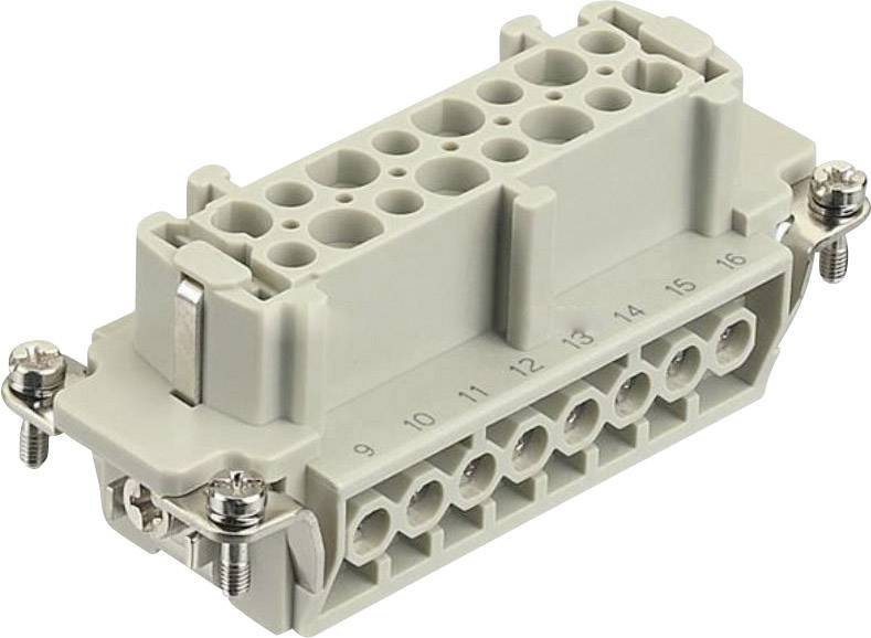 Grau-weißer elektrischer Steckverbinder mit 16 nummerierten Anschlussklemmen in zwei Reihen, montiert mit Metallklammern.