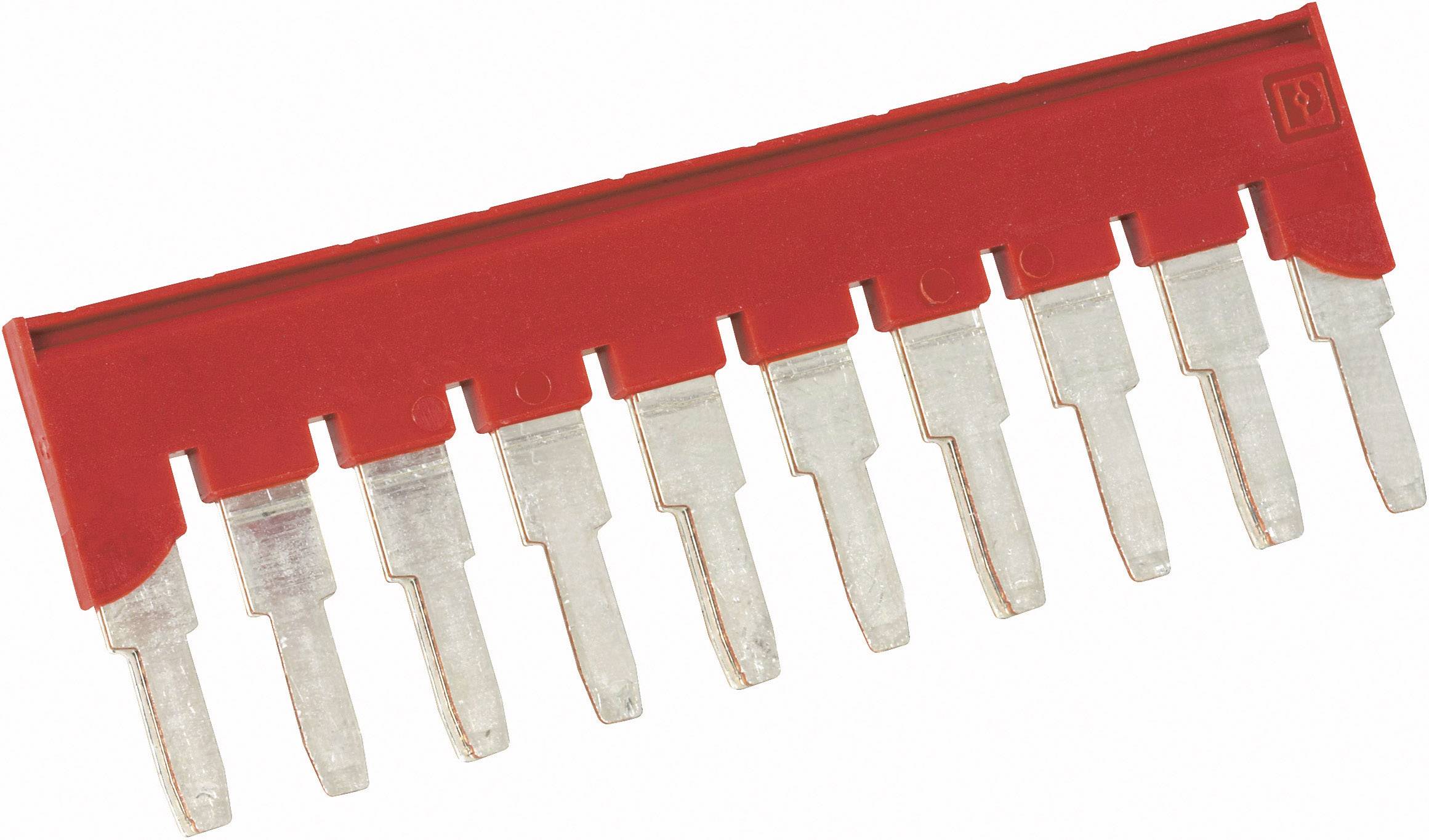 Rote Brücke für elektrische Verbindung mit zehn Metallkontakten, verwendet in Stromverteilersystemen zur Verbindung von Komponenten.