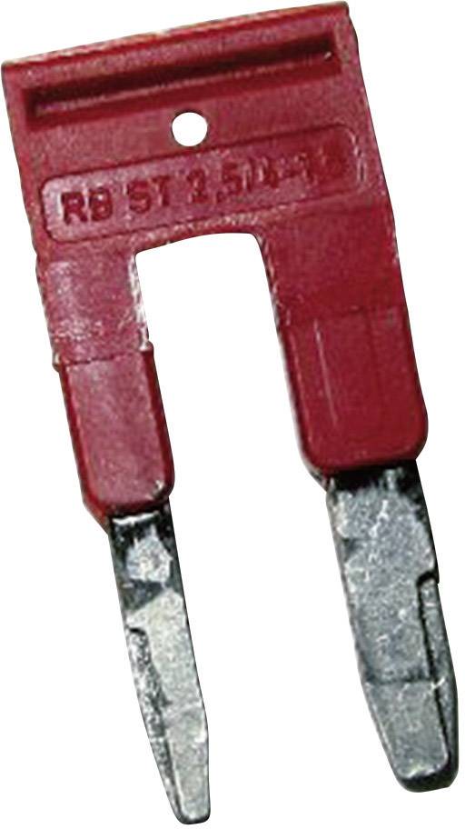Ein roter, rechteckiger Sicherungsstecker mit zwei metallischen Zinken, darauf die Prägung 'RB ST 2,5/14'.