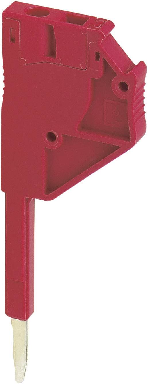 Roter Kunststoffhalter mit Griff, geeignet für die Aufnahme von Klingen oder Werkzeugen, dreieckige Form mit seitlichen Öffnungen.