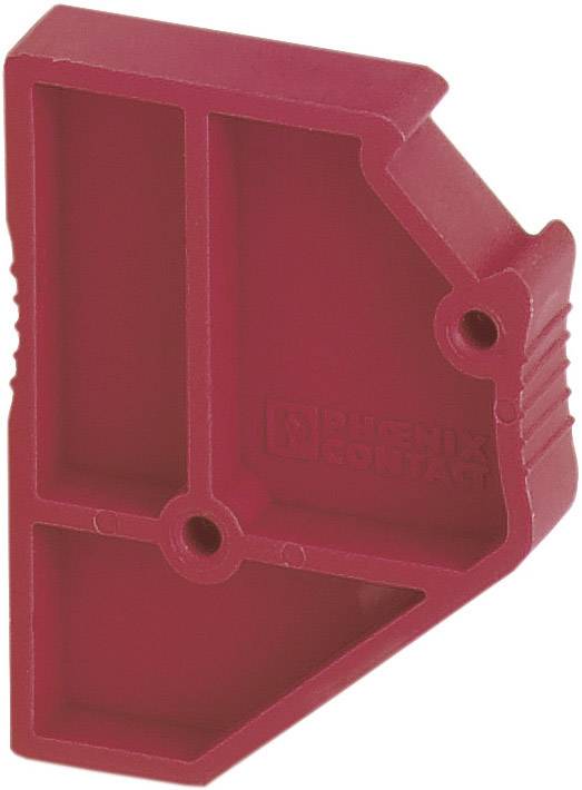 Rote Abschlussplatte für Reihenklemmen, rechteckige Form mit abgeschrägter Ecke, Logo der Firma 'Phoenix Contact' geprägt.