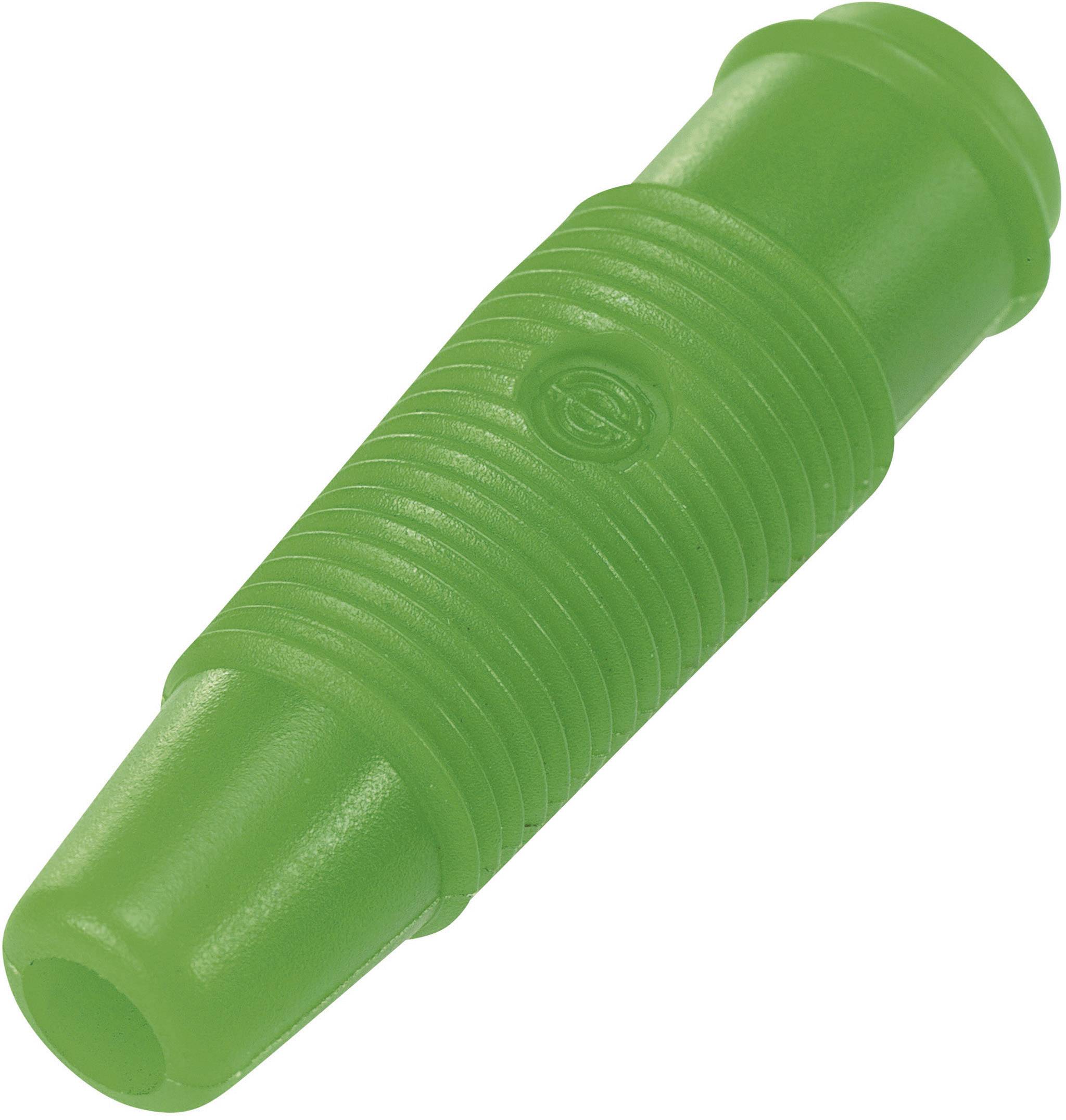 Grüner gerippter Kunststoffstecker, vermutlich für Elektroverkabelung, mit glatter Oberfläche und konischer Form.