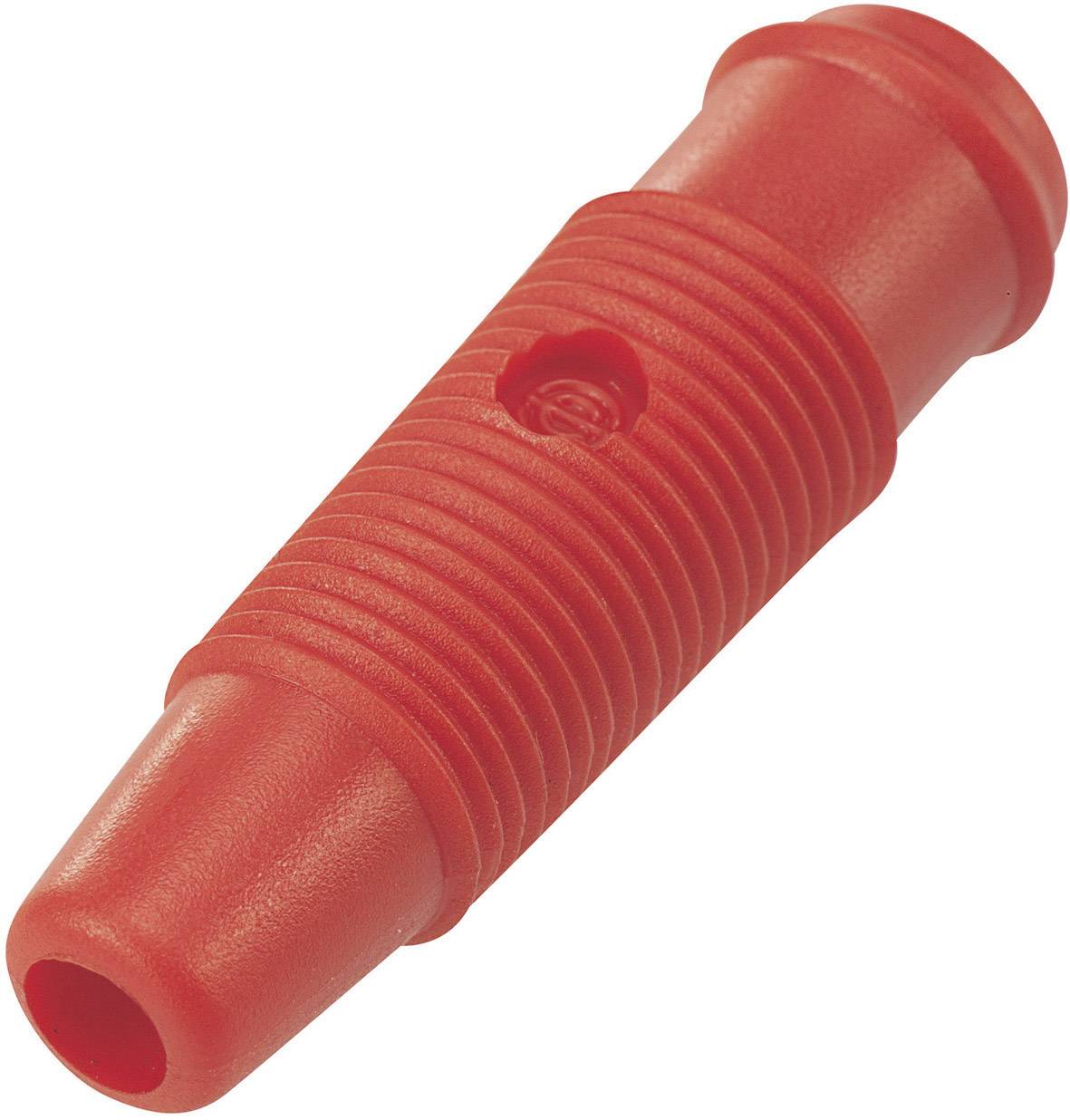 Roter Kunststoffkabelstecker, gerippt mit einem hervorstehenden Kreisdetail, vor weißem Hintergrund.