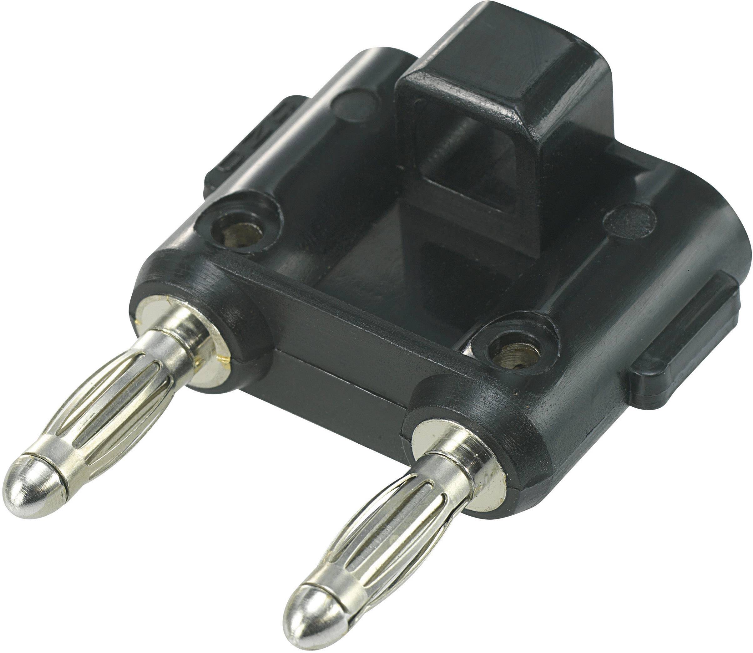 Ein schwarzer Bananenstecker-Adapter mit zwei goldfarbenen Kontakten, geeignet zur Verbindung elektrischer Geräte.