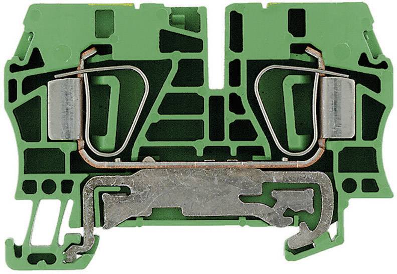 Grüner elektrischer Reihenklemmblock mit Metallschiene in der Mitte, zur Verdrahtung im Schaltschrankbau verwendet.