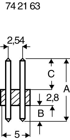 Technische Zeichnung von Stiftleiste mit Maßen: Breite 5 mm, Abstand 2,54 mm, Höhe A, B 2,8 mm, C. Oben steht '74 21 63'.