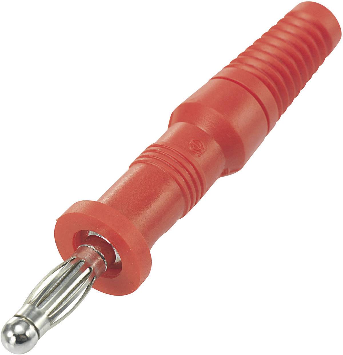 Ein roter 4-mm-Bananenstecker mit geriffeltem Griff und metallener Spitze, dient zum Anschließen von Kabeln in elektrischen Schaltungen.