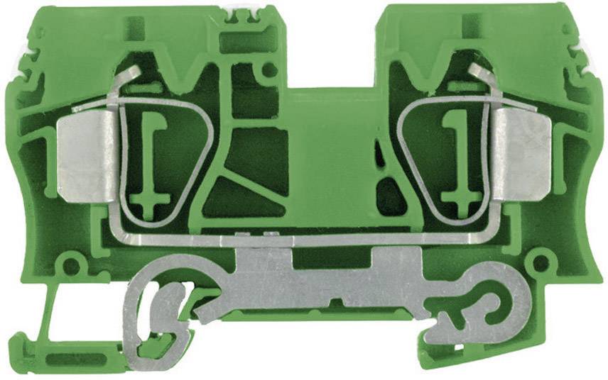 Grünes Klemmengehäuse mit metallischen Anschlusselementen, typisches Bauteil in elektrischen Schaltschränken für die Verbindung von Leitungen.