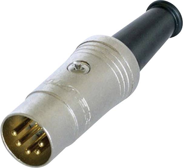 Ein DIN-Stecker mit fünf goldenen Pins und einem schwarzen Kunststoffgehäuse, häufig in Audiogeräten verwendet.