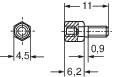 Technische Zeichnung eines Schraubbolzens mit Sechskantkopf. Maße: 4,5 mm, 6,2 mm, 0,9 mm und 11 mm. Seitenansicht und Draufsicht.