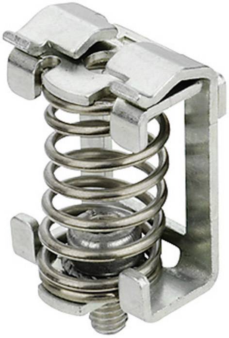 Metallfeder mit Gehäuse. Sie besteht aus einer Spiralfeder in einem rechteckigen Halter, möglicherweise ein Bauteil für mechanische Anwendungen.