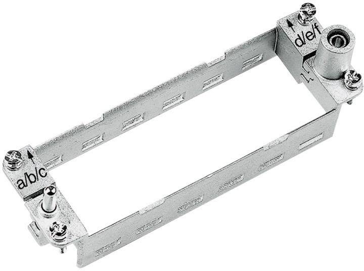 Metallrahmen mit Beschriftung 'a/b/c' und 'd/e/f'. Verwendet für elektrische Komponenten, zeigt Schrauben und Befestigungselemente.