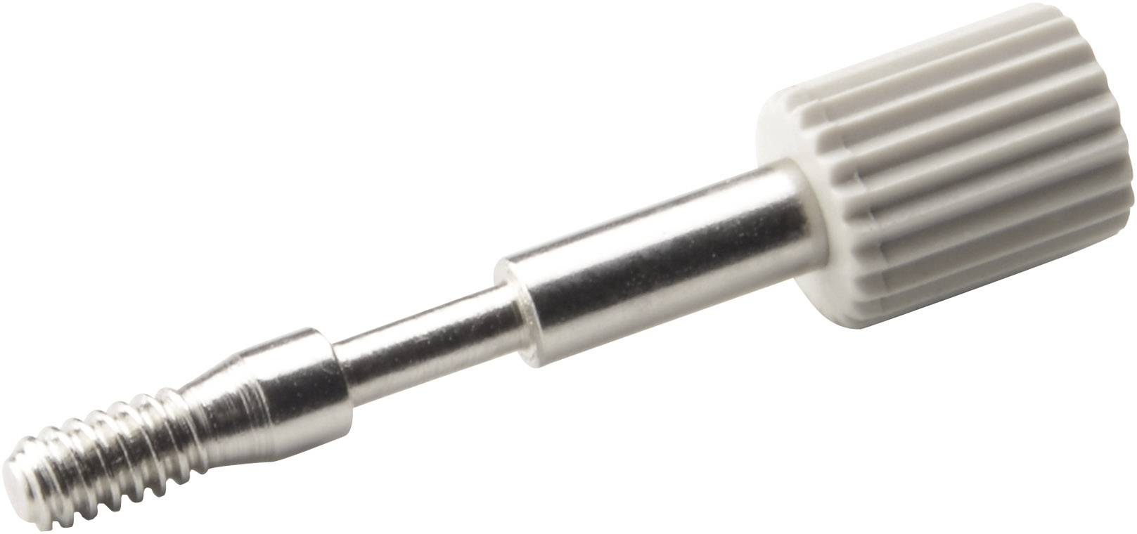 Silberfarbene Schraube mit geriffeltem Kunststoffkopf; Detailansicht eines technischen Bauteils.