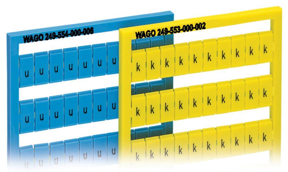 Blaue und gelbe Trennwandhalter, mit aufgereihten Buchstaben 'u' und 'k'. Beschriftet mit 'WAGO 248-554-000-006' und 'WAGO 248-553-000-002'.