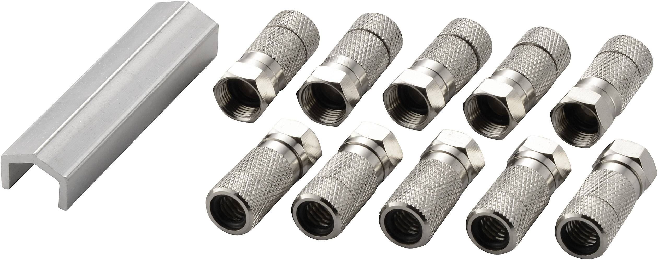 Zehn silberne Steckverbinder mit gerändelter Oberfläche, neben einem länglichen, metallischen Halter oder Schiene.