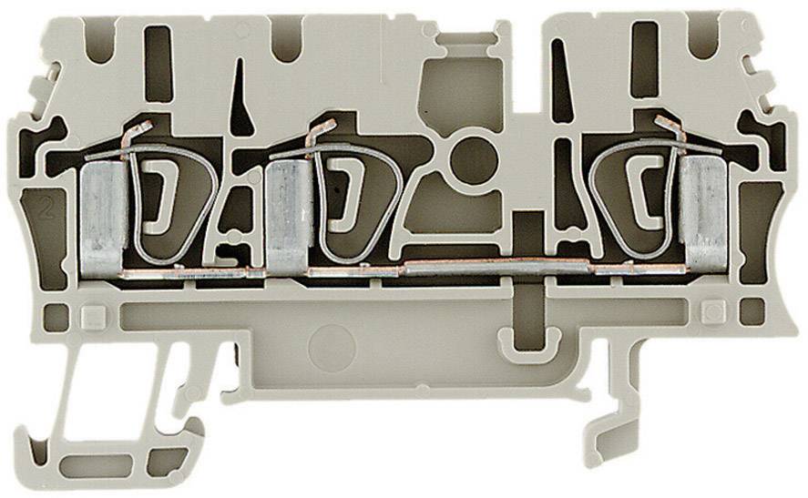 Schraubklemme mit grauem Kunststoffgehäuse, sichtbare Metallverbindungen und Schrauben zur Befestigung elektrischer Leitungen.