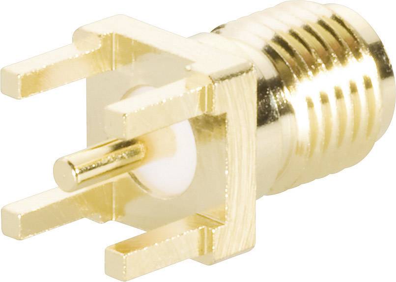 Ein goldener Steckverbinder, SMA-Buchse, mit vier Befestigungsstiften und Isolierung im Inneren. Verwendet für Hochfrequenzanwendungen.