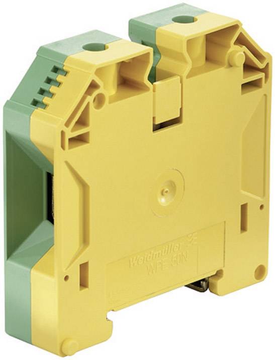 Gelb-grüner zweipoliger Trennschalter, Modell WPB 10N, von Weidmüller für elektrische Anwendungen, mit Schraubkontakten und kompakter Bauweise.