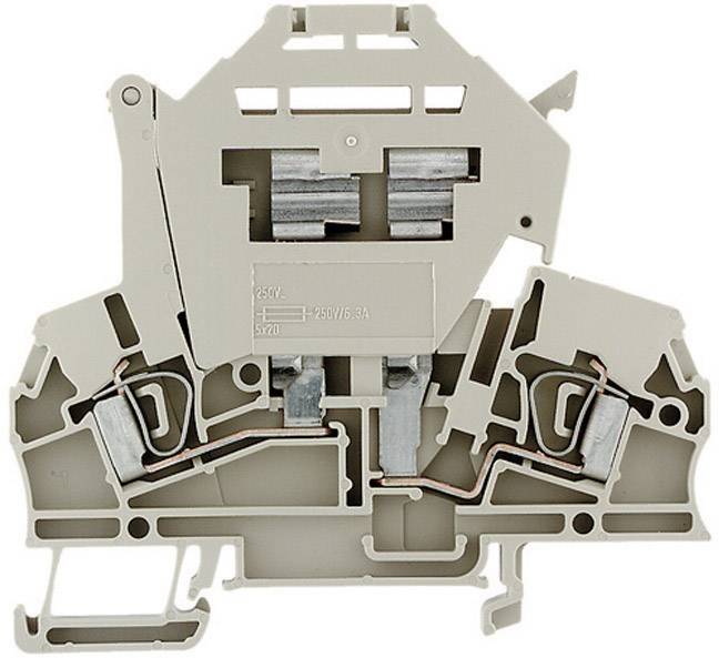 Ein grauen Kunststoffklemmenblock für die Hutschienenmontage. Er verfügt über zwei Metallklemmen, die Drähte verbinden können.
